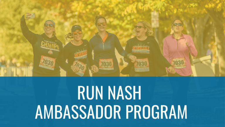 Group of friends running to the finish with text overlay Run Nash Ambassador Program